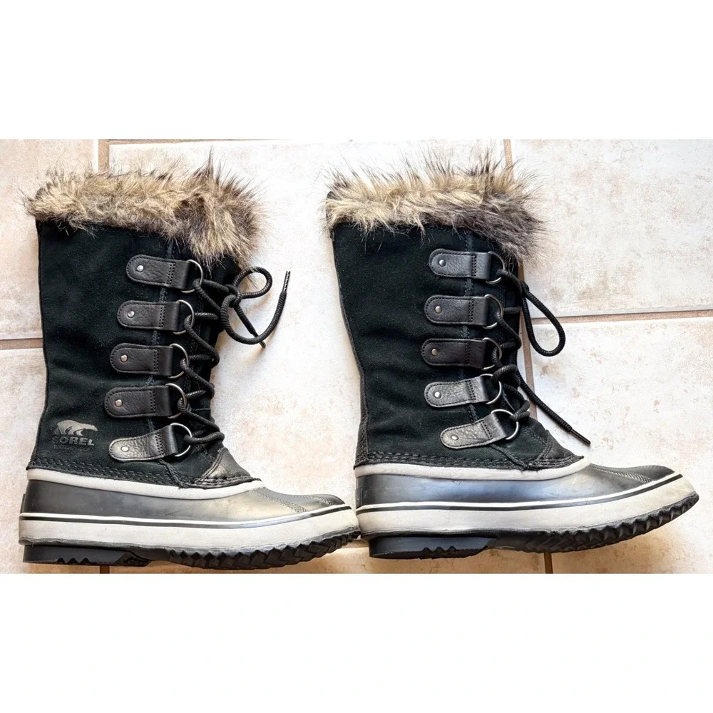 Sorel Joan of Arctic Black Waterproof Winter Snow Boots Faux Fur Trim Size 9